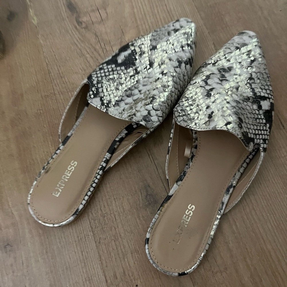 Express Black and White Snakeskin Mules